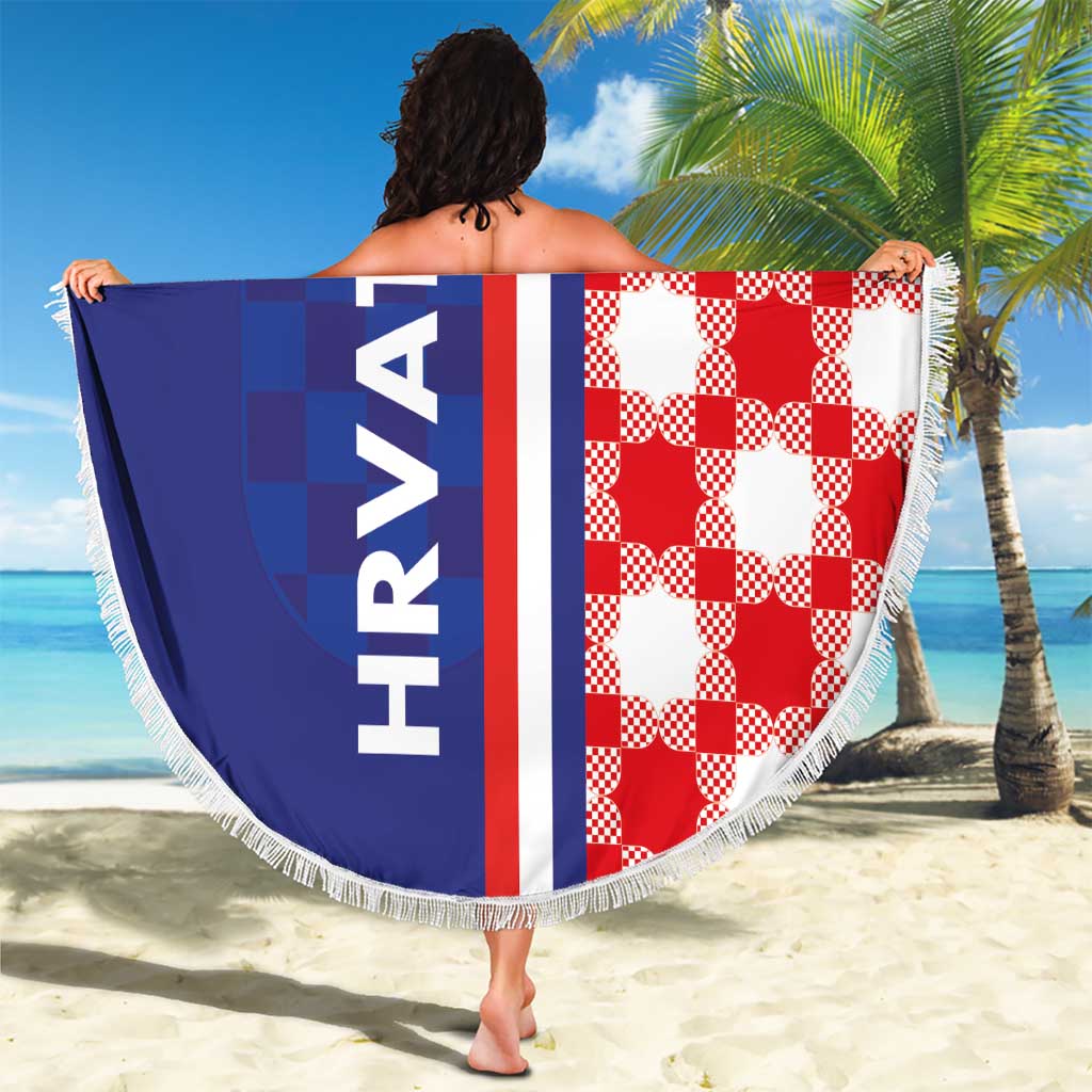 Round beach blanket with blue vertical stripe, red-white check pattern, white fringed edge