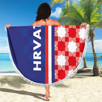 Round beach blanket with blue vertical stripe, red-white check pattern, white fringed edge
