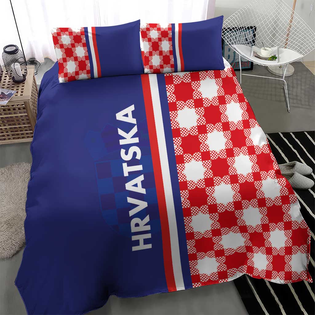Blue bedding set with red-and-white checkerboard panel, vertical striped band, and HRVATSKA print.