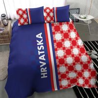 Blue bedding set with red-and-white checkerboard panel, vertical striped band, and HRVATSKA print.