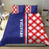 Blue duvet and pillow set with red-and-white checkerboard side panels and striped HRVATSKA band.