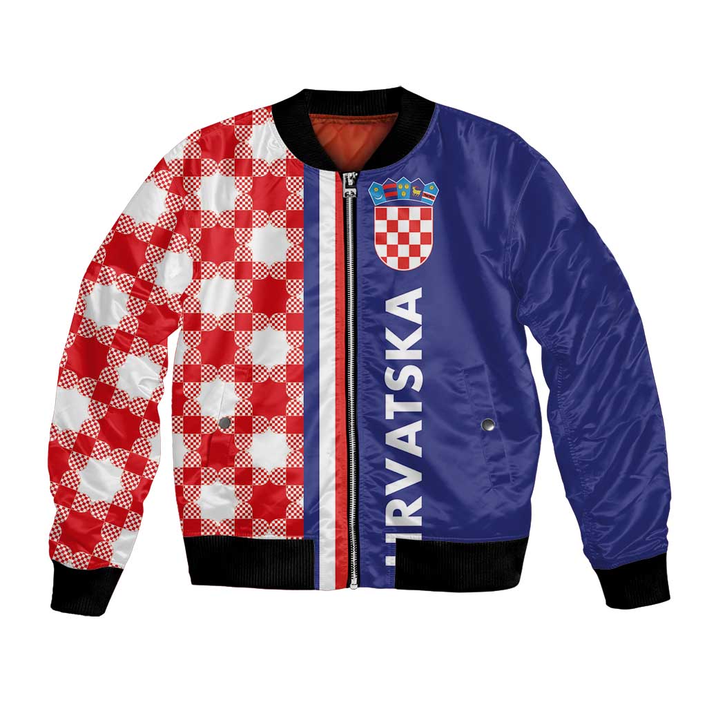 Unisex bomber jacket with blue and red/white check panel, front zipper, ribbed cuffs