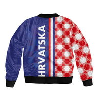 Unisex bomber jacket with blue and red/white check back panels, vertical stripe, ribbed cuffs