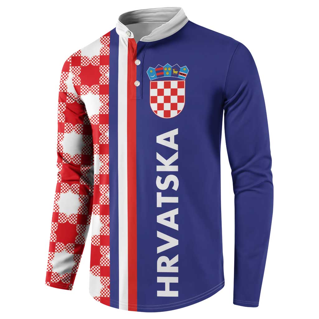 Blue and red checkerboard half-style button sweatshirt with vertical HRVATSKA text