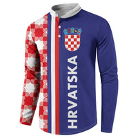 Blue and red checkerboard half-style button sweatshirt with vertical HRVATSKA text