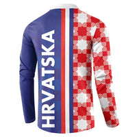Blue and red checkerboard half-style sweatshirt back with vertical HRVATSKA lettering