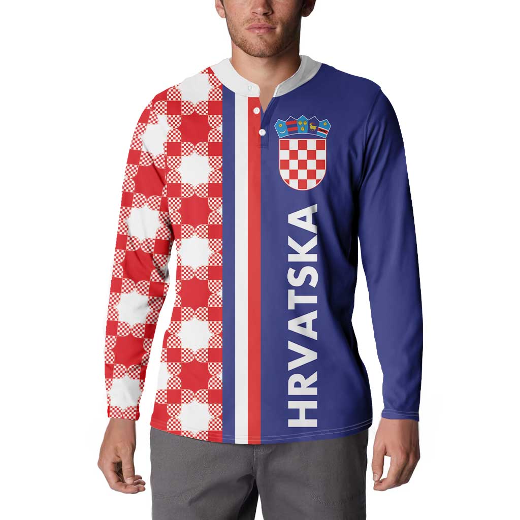 Blue and red checkerboard button sweatshirt with crest, vertical HRVATSKA, long sleeves