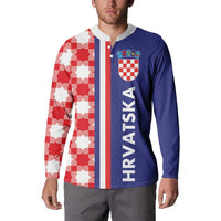 Blue and red checkerboard button sweatshirt with crest, vertical HRVATSKA, long sleeves