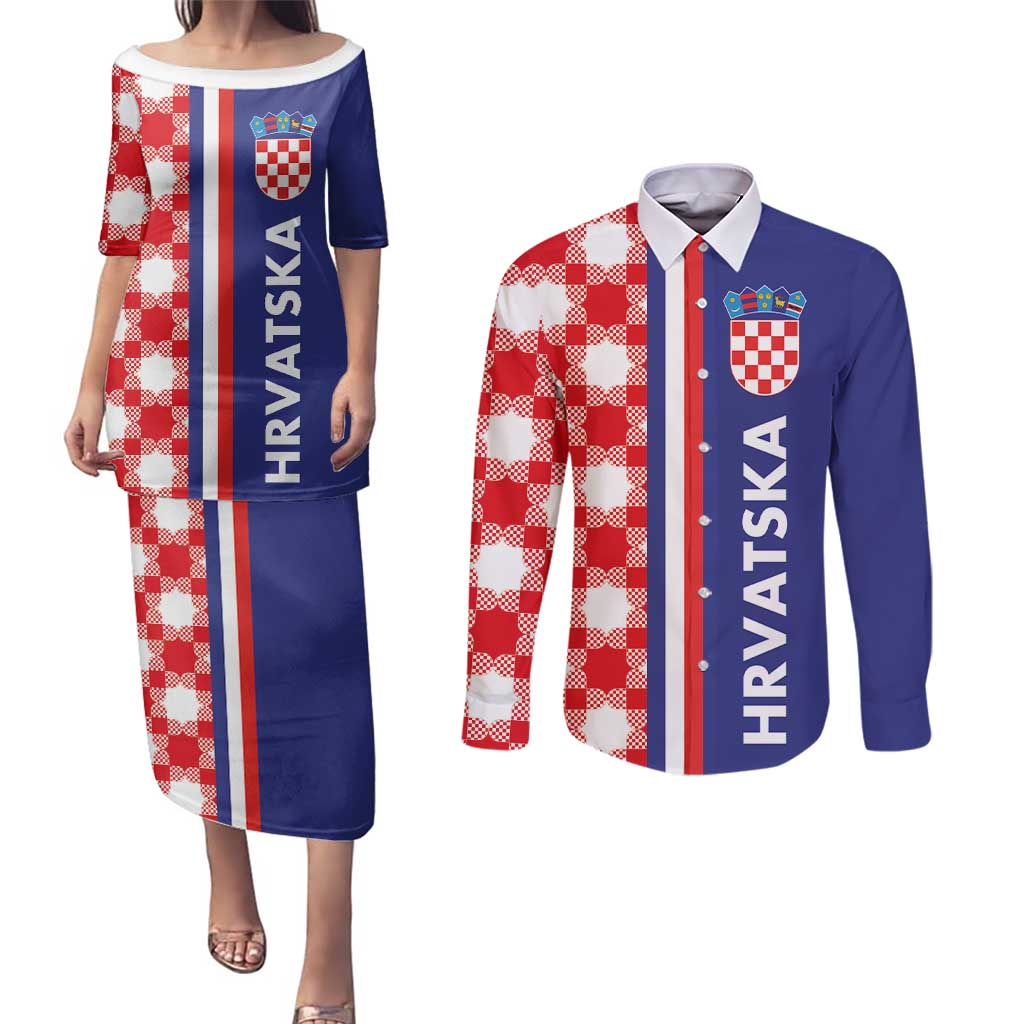 Croatia Hrvatska Checkerboard Half Style Couples Matching Puletasi and Long Sleeve Button Shirt