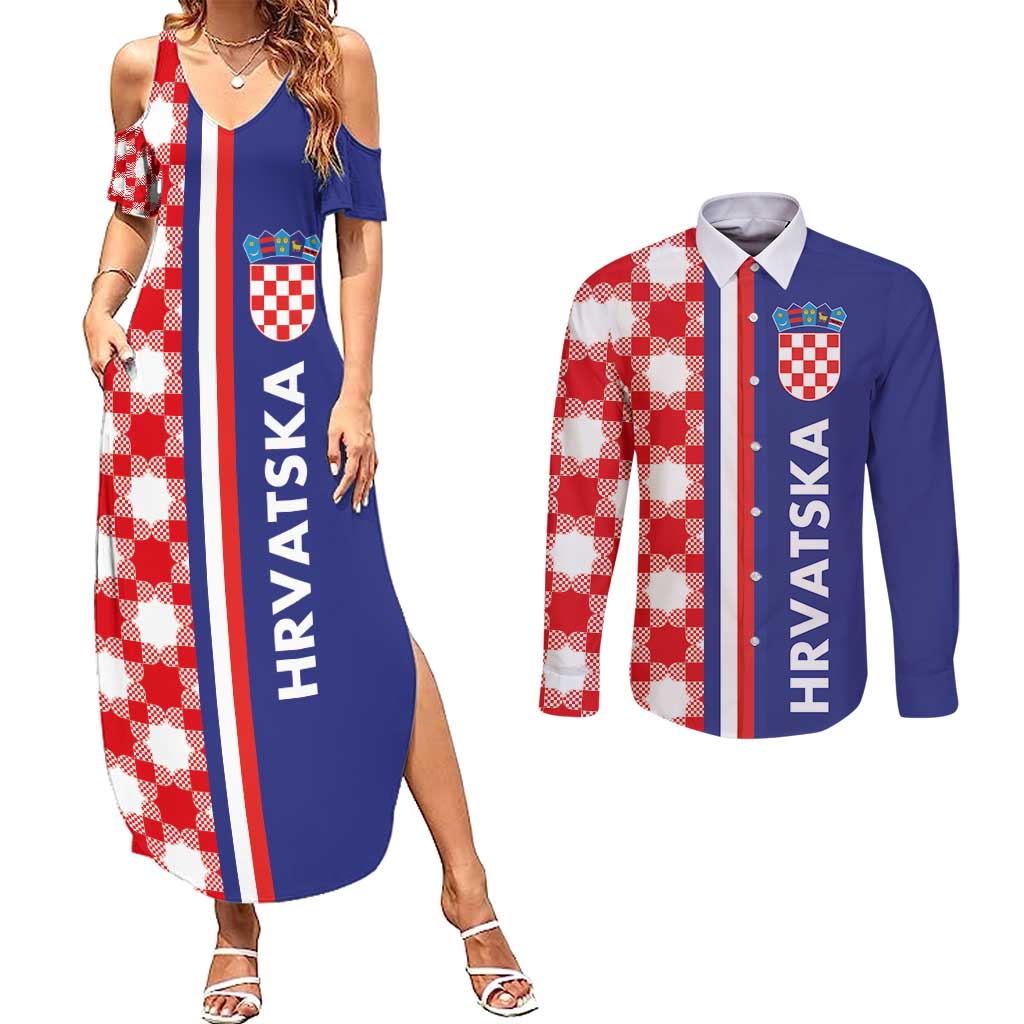 Croatia Hrvatska Checkerboard Half Style Couples Matching Summer Maxi Dress and Long Sleeve Button Shirt