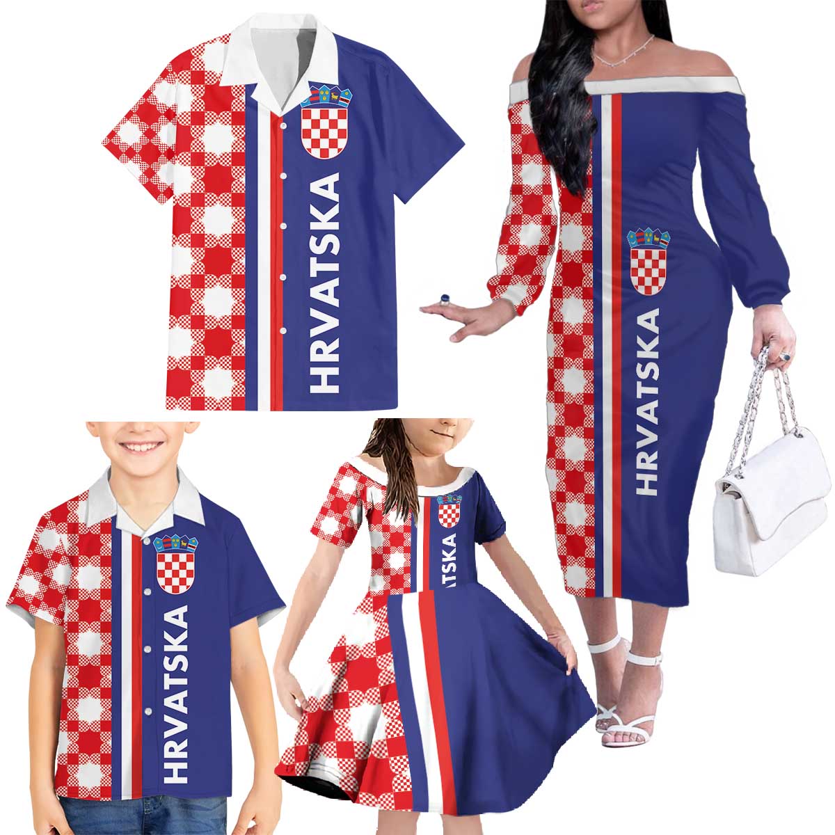 Croatia Hrvatska Checkerboard Half Style Family Matching Off The Shoulder Long Sleeve Dress and Hawaiian Shirt