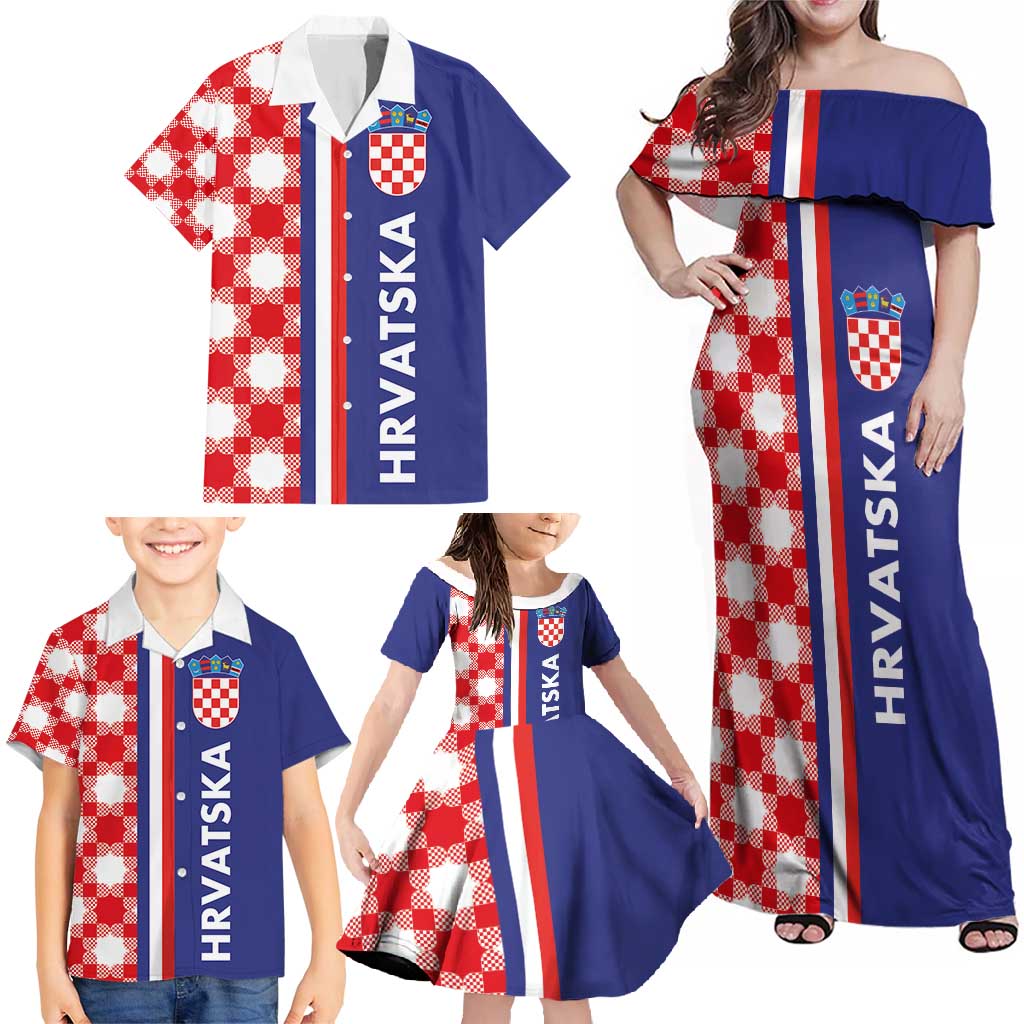 Croatia Hrvatska Checkerboard Half Style Family Matching Off Shoulder Maxi Dress and Hawaiian Shirt