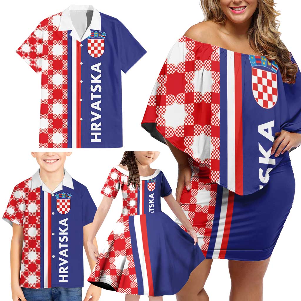 Croatia Hrvatska Checkerboard Half Style Family Matching Off Shoulder Short Dress and Hawaiian Shirt