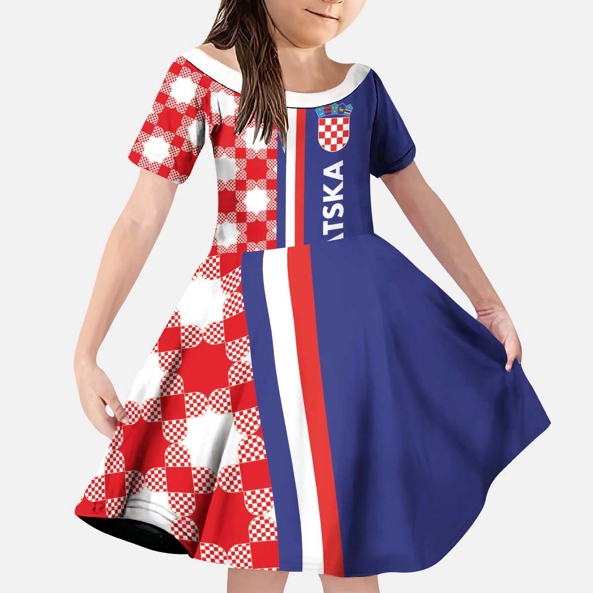 Croatia Hrvatska Checkerboard Half Style Kid Short Sleeve Dress