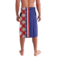 Men's blue and red checkerboard board shorts with vertical stripe panel