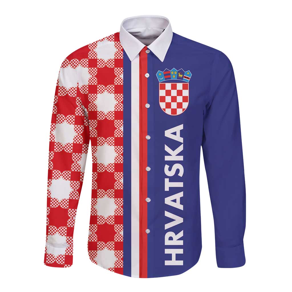 Unisex long-sleeve button shirt with red/white checker half and blue side panel
