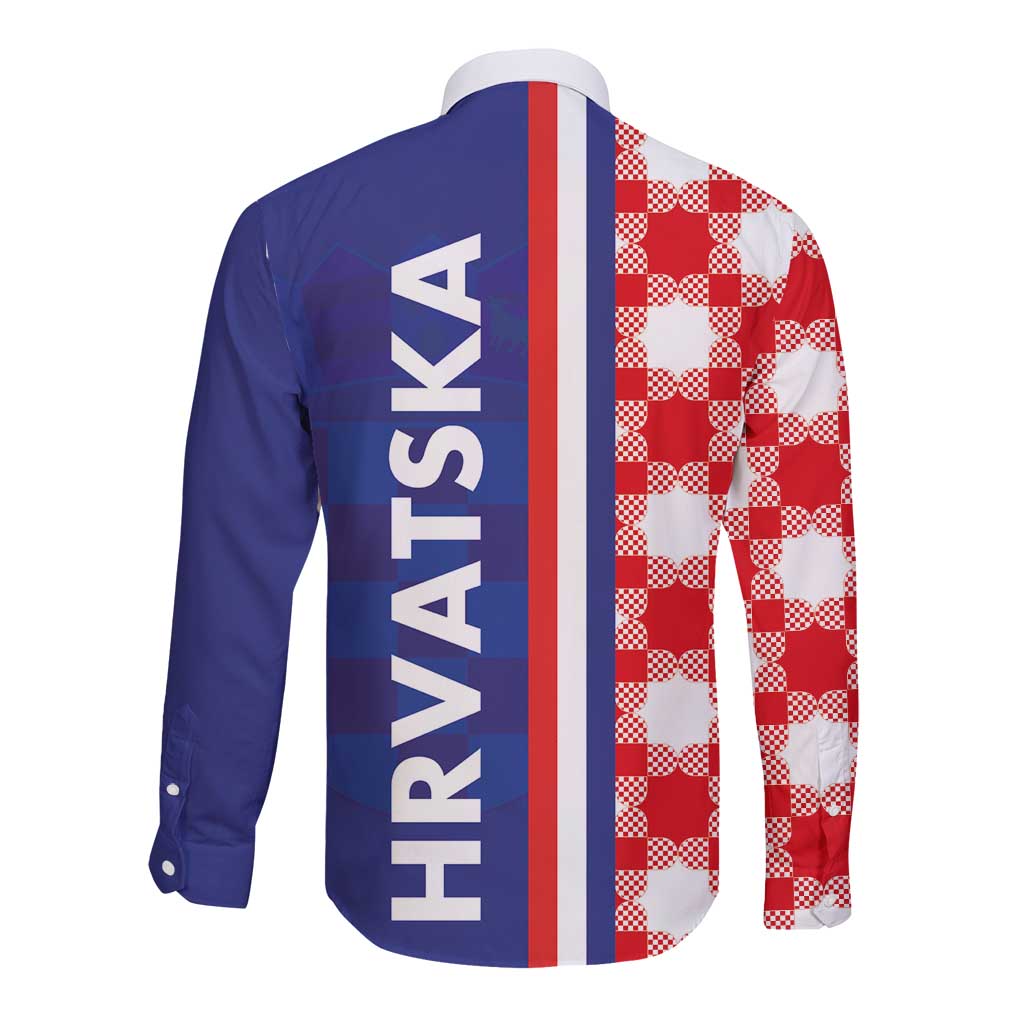 Unisex long-sleeve button shirt, blue back with vertical 'HRVATSKA' text and checker side