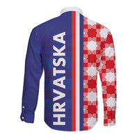 Unisex long-sleeve button shirt, blue back with vertical 'HRVATSKA' text and checker side
