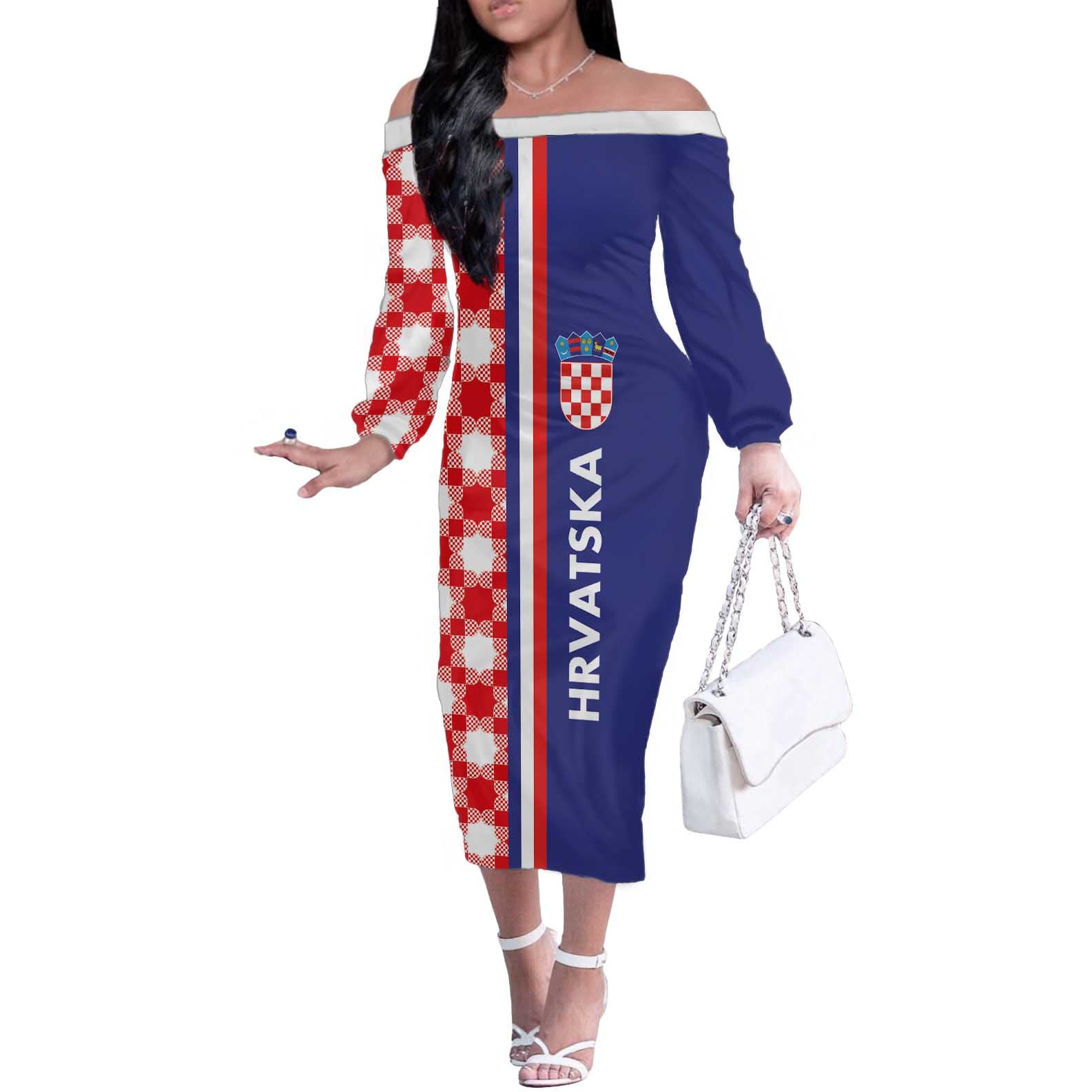 Croatia Hrvatska Checkerboard Half Style Off The Shoulder Long Sleeve Dress