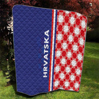 Blue and red check quilt panel with HRVATSKA vertical stripe and diamond quilting
