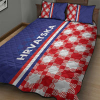 Blue quilt bed set with red and gray checkerboard, striped band, HRVATSKA lettering