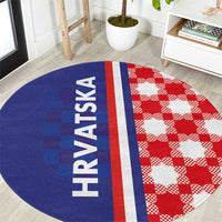 Blue round rug with HRVATSKA text, red/white checkered half and center stripe