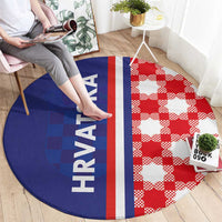 Blue-and-red round rug with HRVATSKA text, vertical stripe, and red/white checkered side