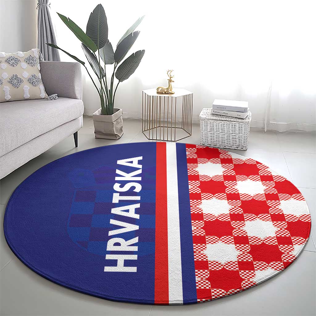 Round area rug with HRVATSKA lettering, blue left, white/red checkered right