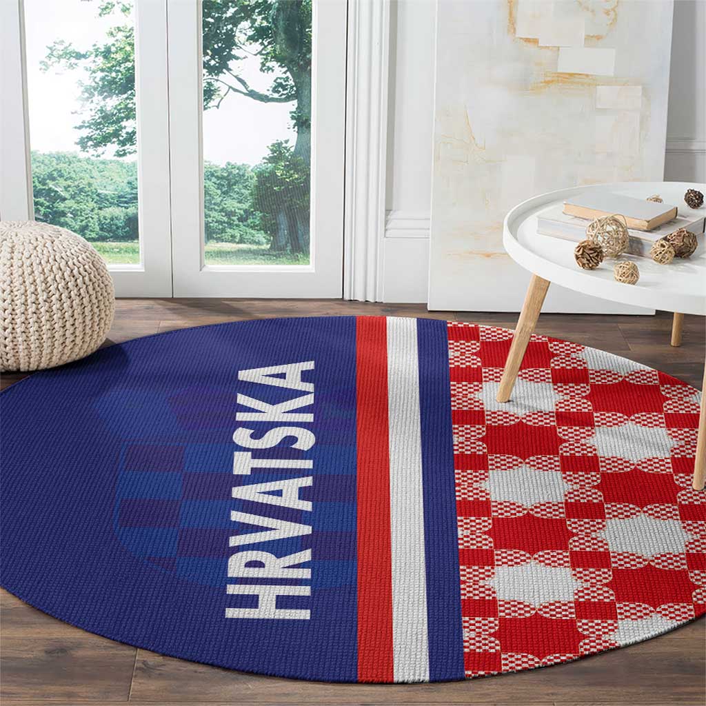 Blue round rug with HRVATSKA text and red/white checkered right panel