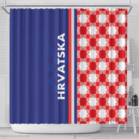 Blue and red shower curtain with full-length vertical panels and red checkerboard