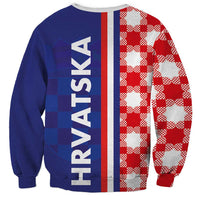 Half-style sweatshirt, blue back with vertical stripe and red checkerboard side panels