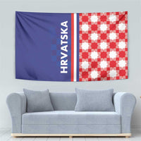 Blue and red-white checkered half tapestry with HRVATSKA text in the center stripe