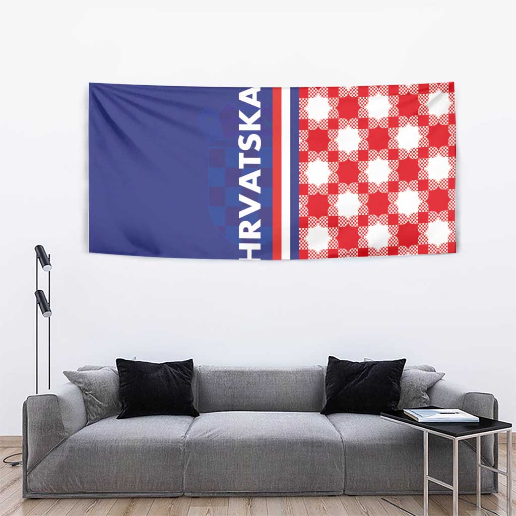 Croatia half-and-half tapestry: blue panel with HRVATSKA text and red-white checker pattern