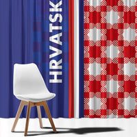 Blue window curtain and red-and-white checkerboard curtain side by side with HRVATSKA text