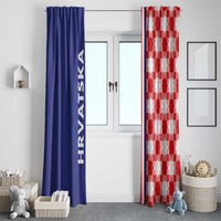 Blue and red checkered window curtains with vertical HRVATSKA text, hanging straight