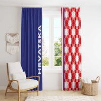 Blue and red checkered window curtains with vertical HRVATSKA text on the blue panel