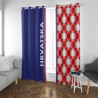 Blue and red checkered window curtains with vertical HRVATSKA text, each with hanging tabs