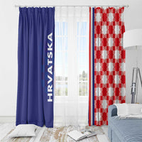 Blue and red checkered window curtains with vertical HRVATSKA text, shown side by side