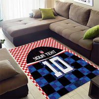 Custom football jersey area rug with red/white check border and blue black grid design