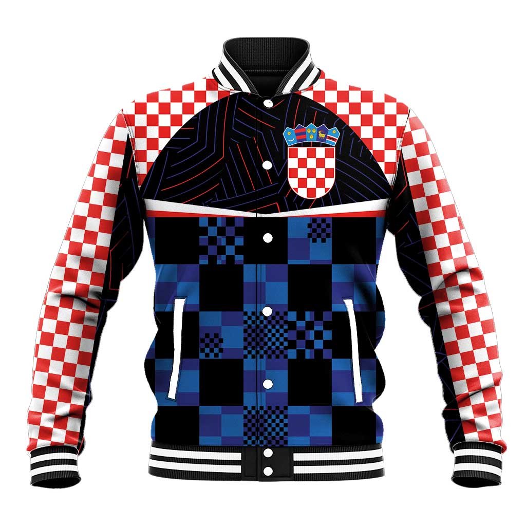 Navy-blue baseball jacket with pixel check panel front, red/white check sleeves, snap buttons
