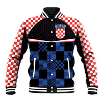 Navy-blue baseball jacket with pixel check panel front, red/white check sleeves, snap buttons