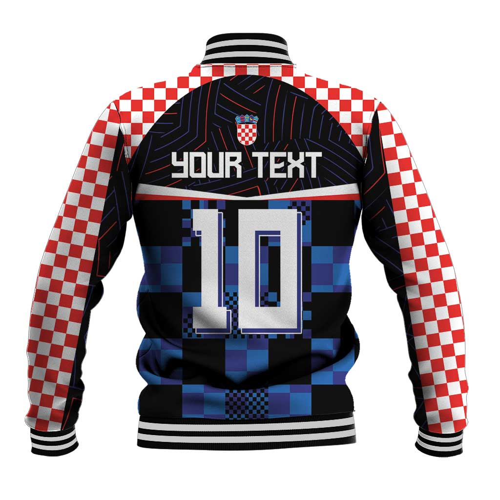 Black-and-blue baseball jacket with 'YOUR TEXT' back, pixel grid panels, red/white check sleeves