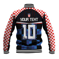 Black-and-blue baseball jacket with 'YOUR TEXT' back, pixel grid panels, red/white check sleeves