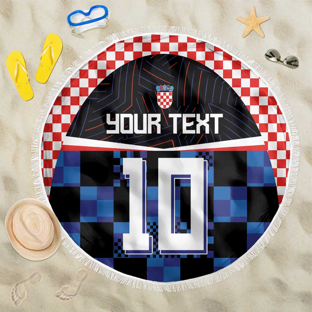Round beach blanket with red-white checkered rim, blue-black grid, and YOUR TEXT print, fringed edge.
