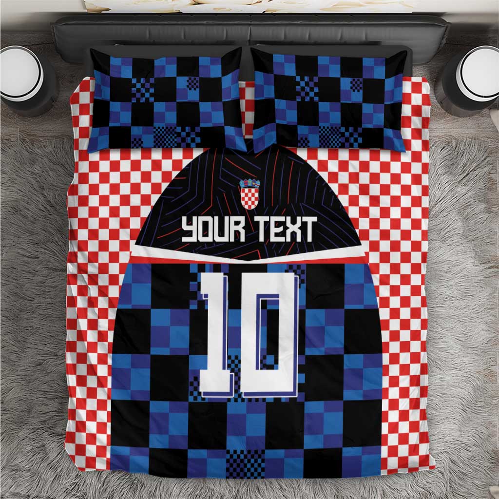 Bedding set close-up: red-and-white checks with blue-black jersey design and “YOUR TEXT” 10