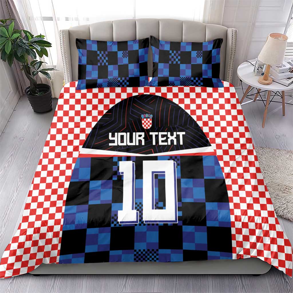 Bedding set with red-and-white check pattern and blue-black jersey design, “YOUR TEXT” 10
