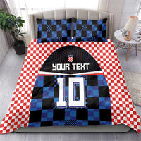 Bedding set with red-and-white check pattern and blue-black jersey design, “YOUR TEXT” 10