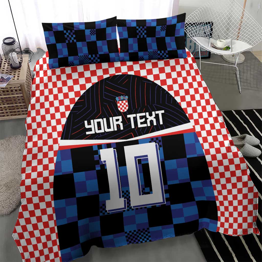 Bedding set featuring red-and-white checks, blue-black jersey print with “YOUR TEXT” 10