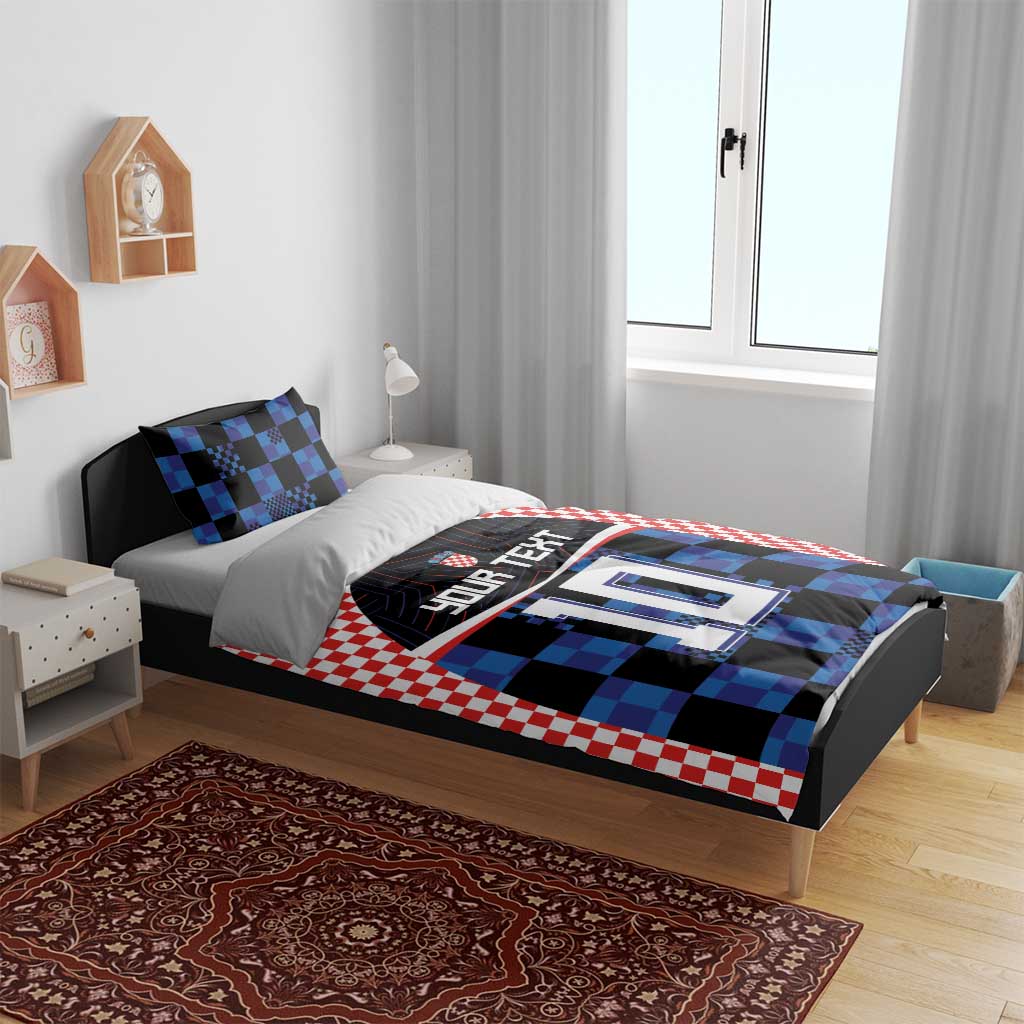Bedding set on bed with red-and-white checks and blue-black jersey artwork, “YOUR TEXT” 10