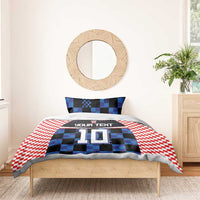 Bedding set with red-and-white checks and blue-black jersey graphic, “YOUR TEXT” 10
